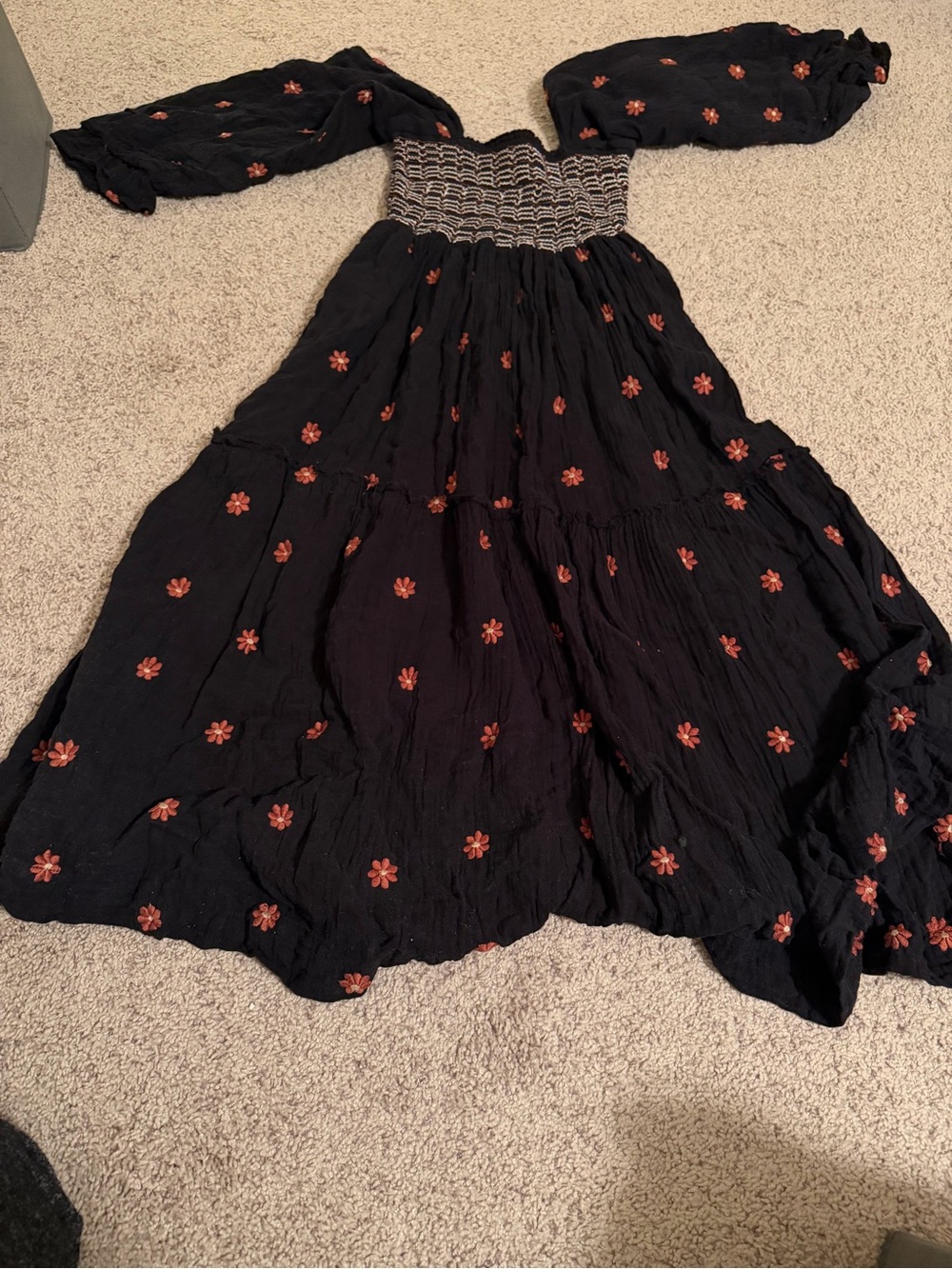 Free People Dahlia Boho Off-Shoulder Black Maxi Dress with Red Floral Embroidery - Picture 2 of 2